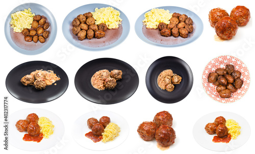 set of various dishes with meatballs on plate isolated on white background