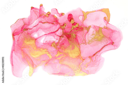 Fototapeta Naklejka Na Ścianę i Meble -  Pink watercolor figure with gold layers on white background. Abstract art illustration.