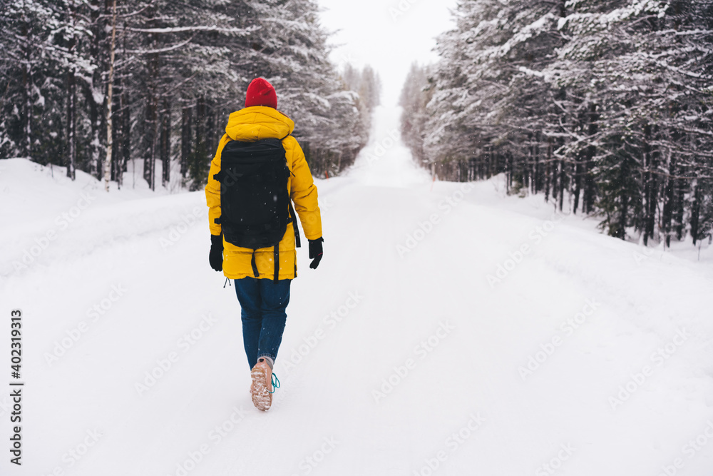 Unrecognizable hiker walking on road in winter nature
