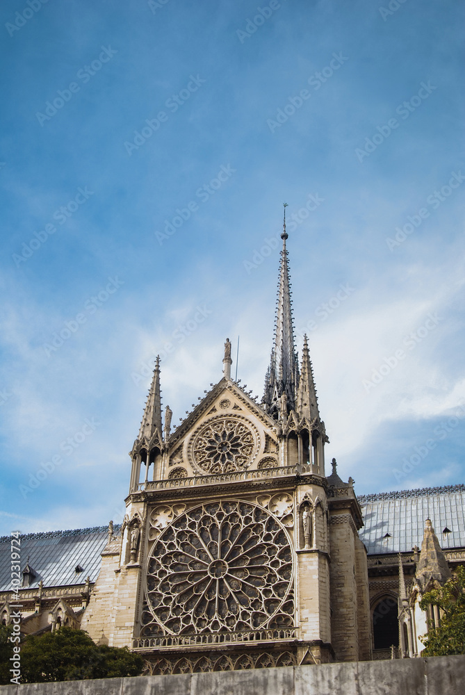 Notre Dame de Paris, view from the Seine River. Daylight and light clouds. Notre Dame de Paris, view from the Seine River. Daylight and light clouds.