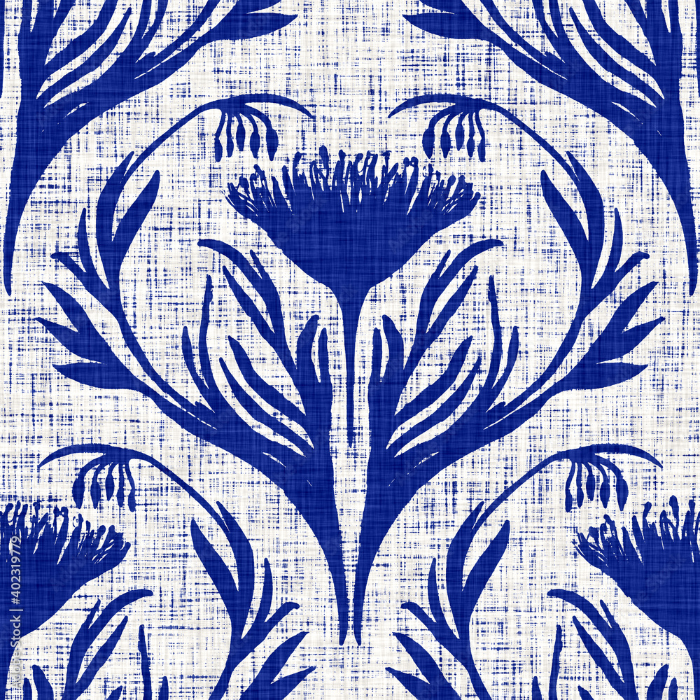 Indigo blue floral motif on linen texture background. Hand drawn dye ...