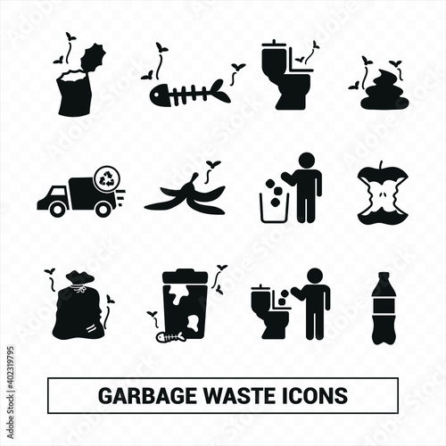 Vector image. Garbage and food waste icon collection.