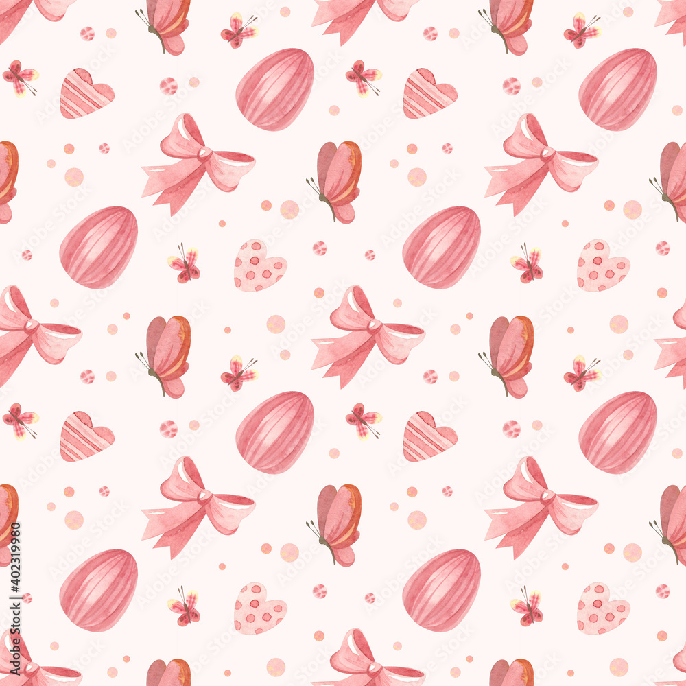 Easter seamless pattern. Template with Easter eggs, bows and butterflies. Watercolor clipart on pink background