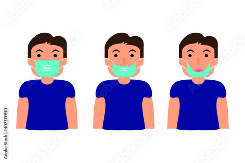 Instructions for wearing the mask. An example of correct and incorrect wearing of a respirator. protection against coronavirus. self-isolation. COVID-19