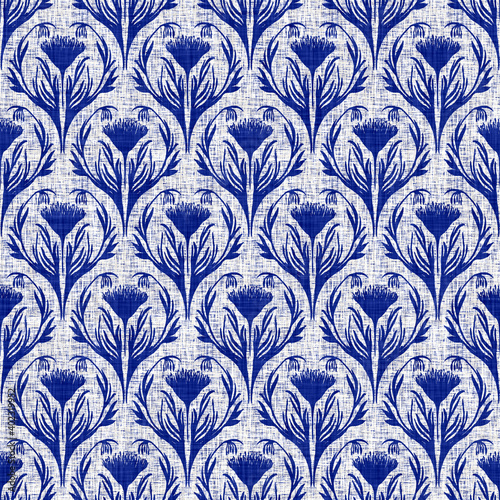 Indigo blue floral motif on linen texture background. Hand drawn dye batik bloom bouquet seamless pattern. Modern rustic coastal wedding flower textile backdrop. Summer nautical damask home decor. 