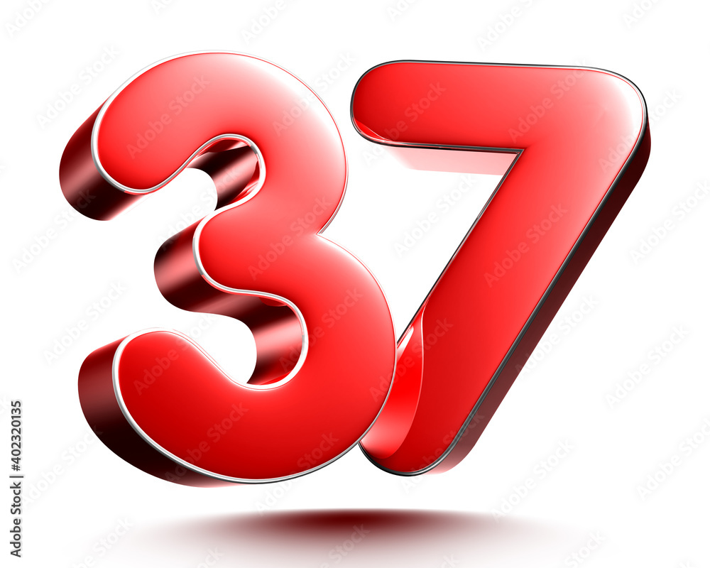 Fototapeta premium Red numbers 37 isolated on white background illustration 3D rendering with clipping path.