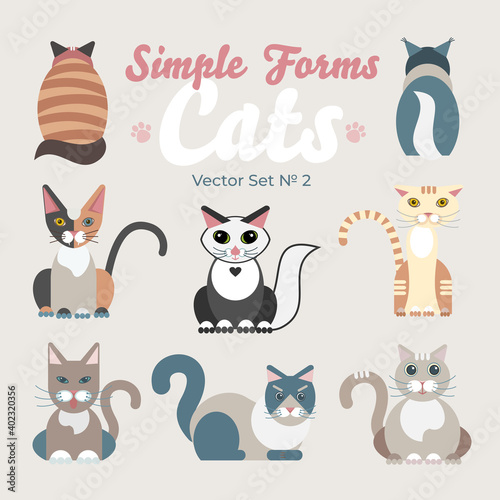 Flat cats isolated vector set. Cartoon illustration domestic cats logo icons. Art symbol constructor fun adorable pets. Sign flat style portrait silhouette modern different abstract friendly cute cat