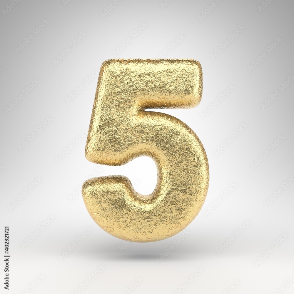 Number 5 on white background. Creased golden foil 3D number with gloss metal texture. Number 5 on white background. Creased golden foil 3D number with gloss metal texture.