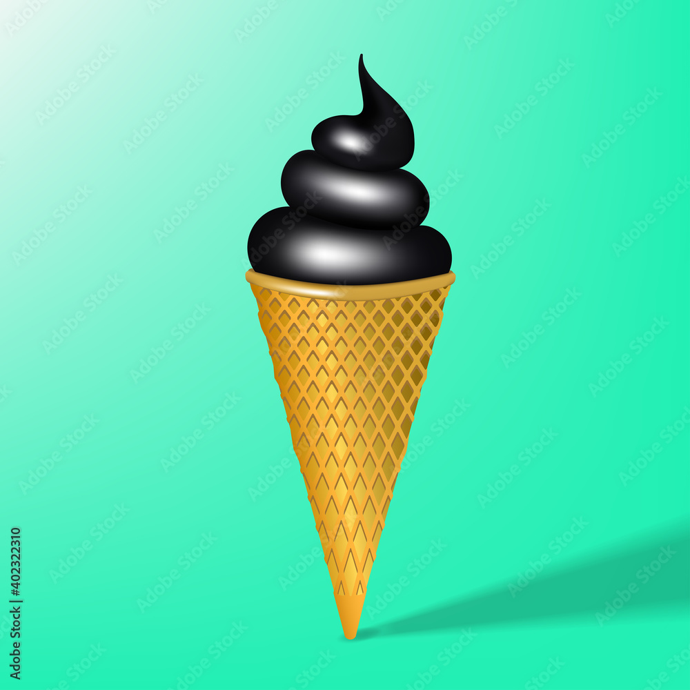 Abstract black cartoon ice cream in a cone with a shadow on a green background. EPS10 Abstract black cartoon ice cream in a cone with a shadow on a green background. EPS10