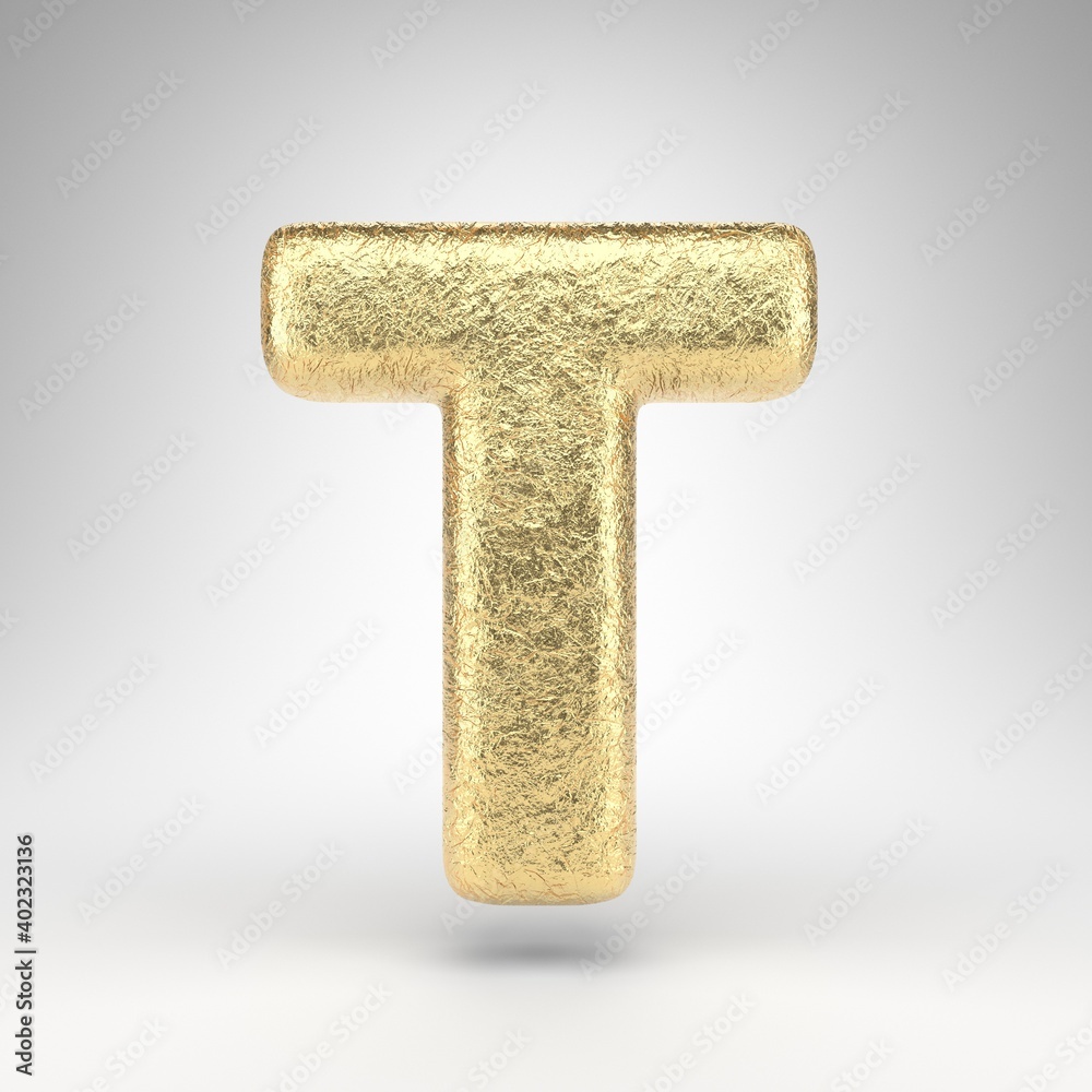 Letter T uppercase on white background. Creased golden foil 3D letter with gloss metal texture.