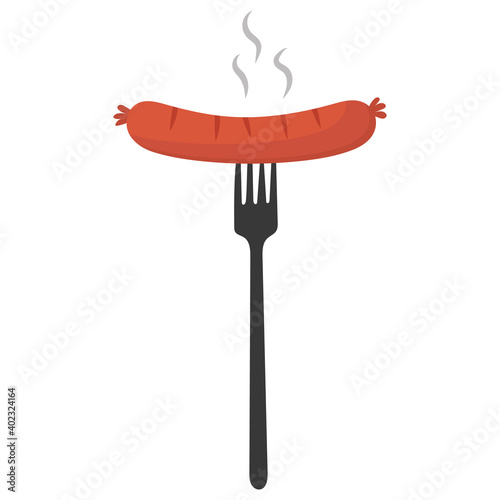 Vector hot sausage on fork on white background