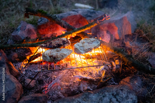 Fire camp in wilderness - Chicken cooking