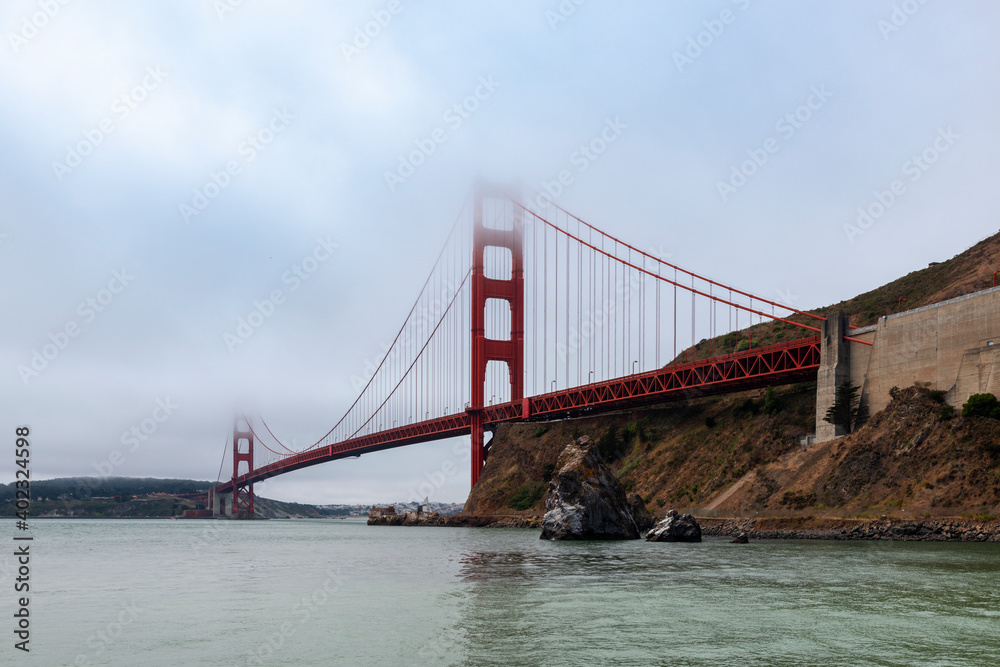 View of the Golden Gate Bridge on a foggy day, in San Francisco, California, USA View of the Golden Gate Bridge on a foggy day, in San Francisco, California, USA