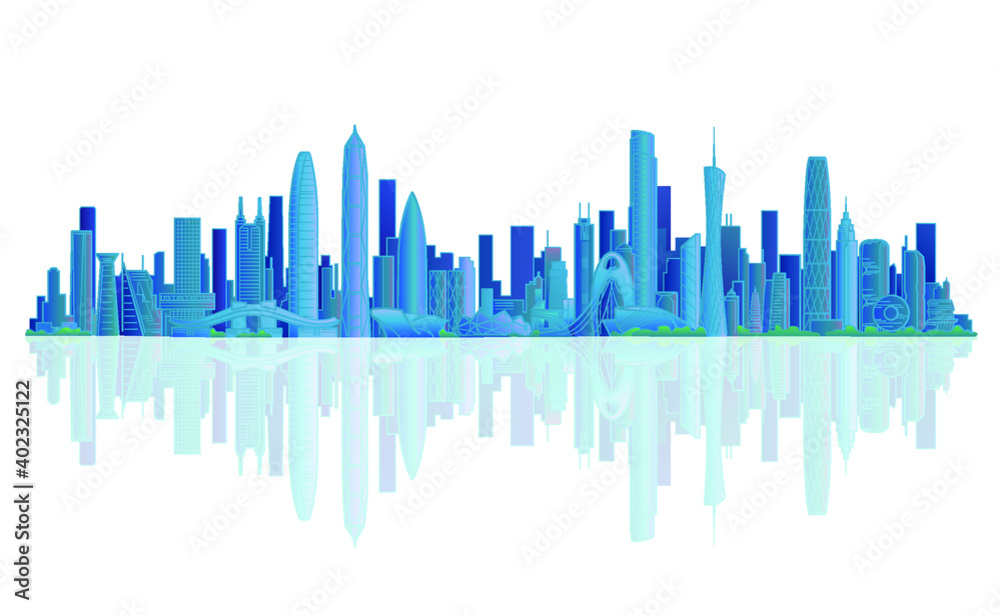 Vector illustration of landmark buildings in Shenzhen, Guangzhou, China