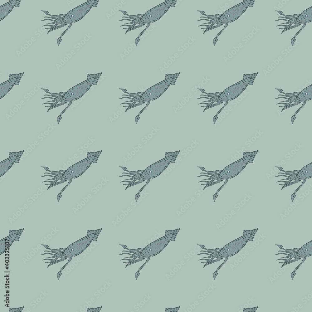 Seamless pale pattern with seafood squid creative silhouettes. Pastel blue palette ocean artwork. Seamless pale pattern with seafood squid creative silhouettes. Pastel blue palette ocean artwork.