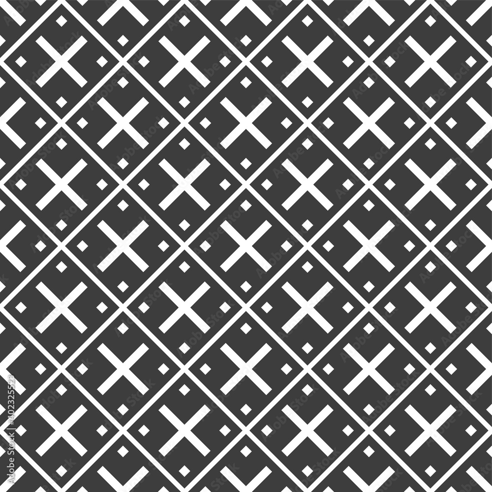 Abstract seamless rhombuses pattern with crosses. Minimalistic graphic print, geometric ornament. Vector monochrome background. Abstract seamless rhombuses pattern with crosses. Minimalistic graphic print, geometric ornament. Vector monochrome background.