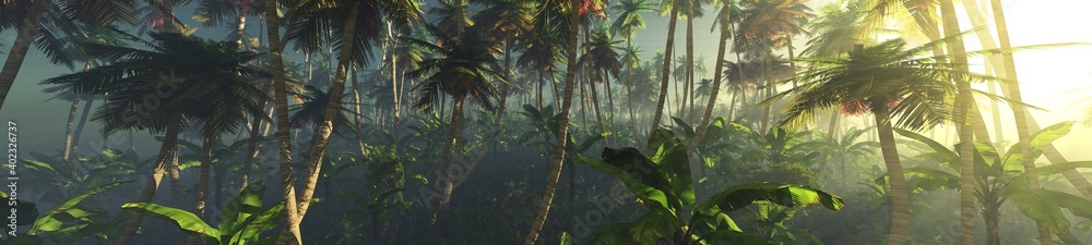 Jungle, rainforest during the plank, palm trees in the morning in the fog, jungle in the haze, 3D rendering Jungle, rainforest during the plank, palm trees in the morning in the fog, jungle in the haze, 3D rendering