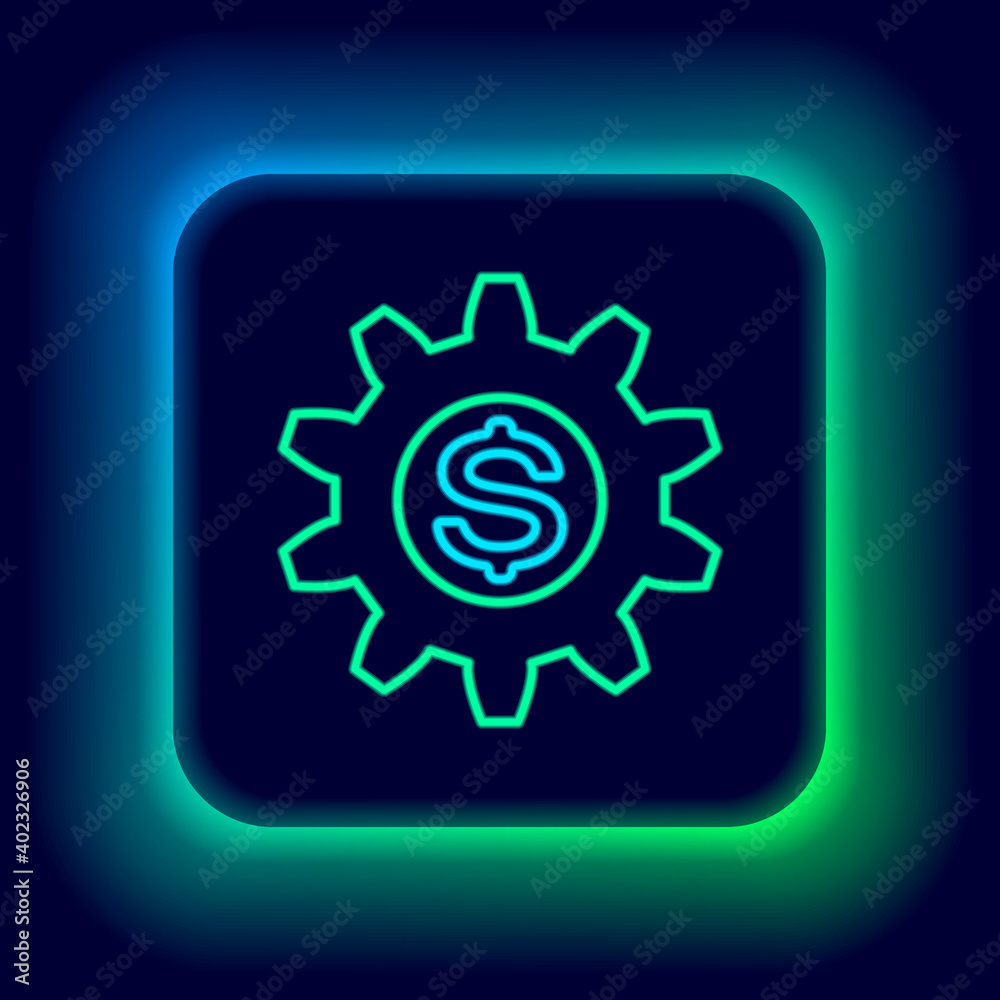 Glowing neon line Gear with dollar symbol icon isolated on black background. Business and finance conceptual icon. Colorful outline concept. Vector. Glowing neon line Gear with dollar symbol icon isolated on black background. Business and finance conceptual icon. Colorful outline concept. Vector.