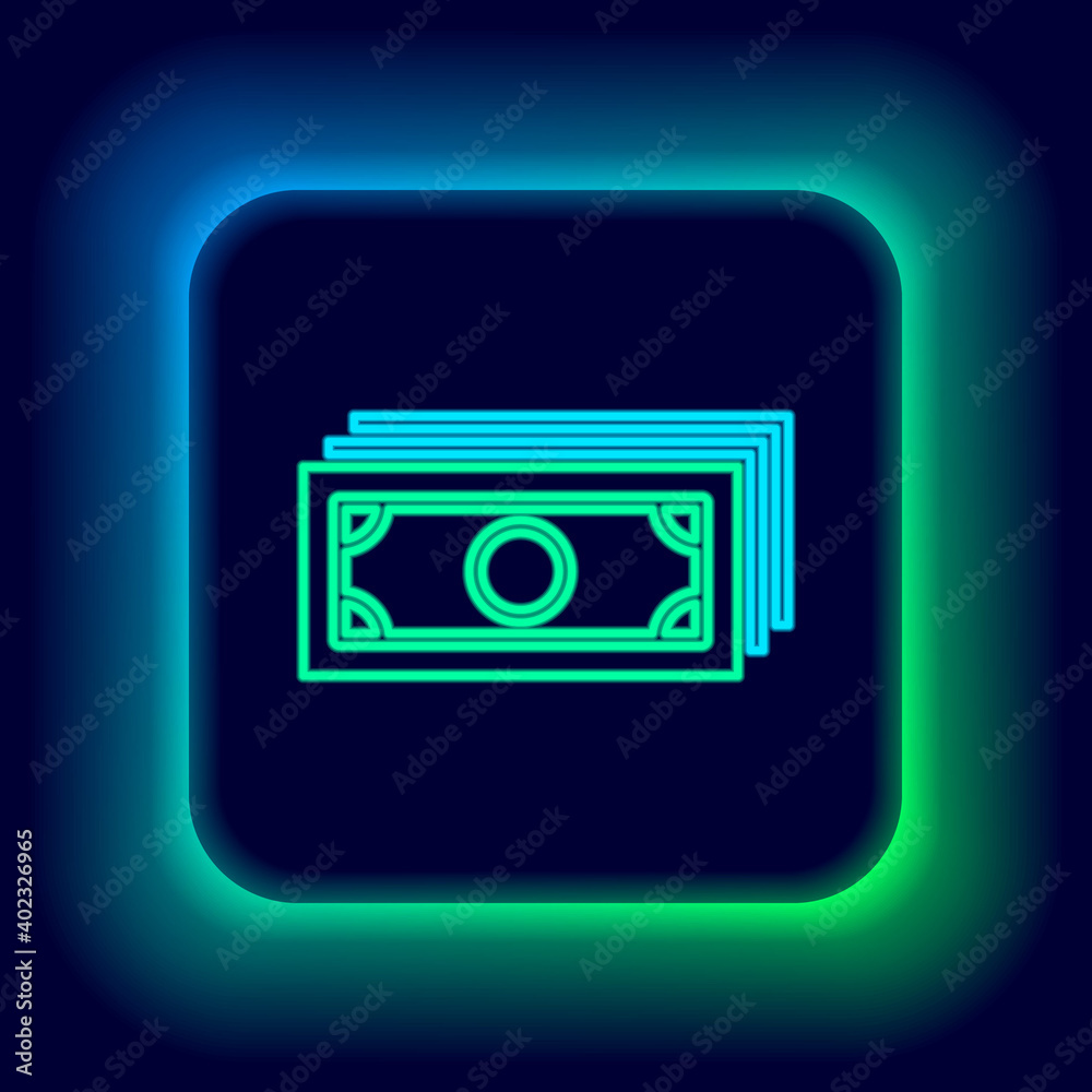 Glowing neon line Stacks paper money cash icon isolated on black background. Money banknotes stacks. Bill currency. Colorful outline concept. Vector. Glowing neon line Stacks paper money cash icon isolated on black background. Money banknotes stacks. Bill currency. Colorful outline concept. Vector.