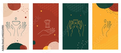 Logo templates set in trendy linear minimal style. Hands with coffee cup, coffee pot and beans emblem badge for cafe and shops on abstract modern vertical stories background, shapes and pattern Vector