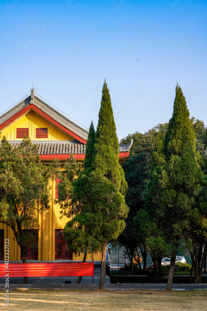 Chinese retro buildings and towering pine trees