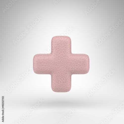 Plus symbol on white background. Pink leather 3D sign with skin texture.
