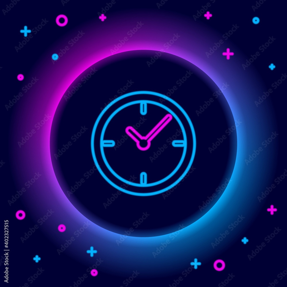 Glowing neon line Clock icon isolated on black background. Time timer sign. Colorful outline concept. Vector. Glowing neon line Clock icon isolated on black background. Time timer sign. Colorful outline concept. Vector.