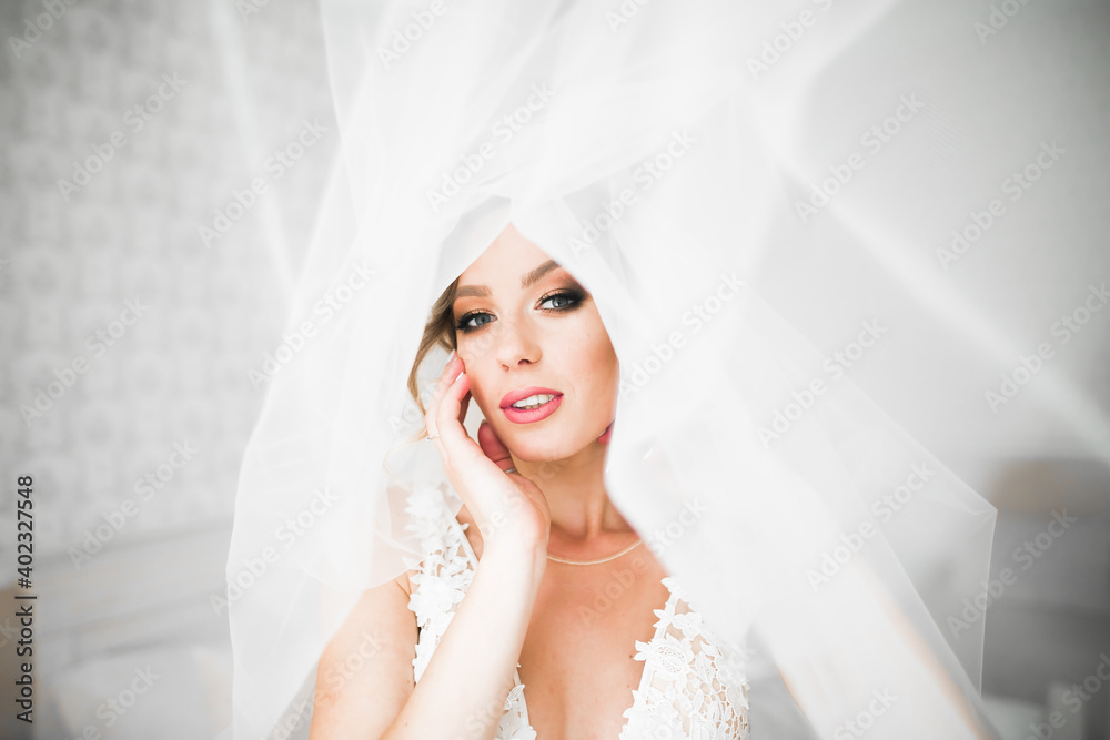 Beautiful bride wearing fashion wedding dress with feathers with luxury delight make-up and hairstyle, studio indoor photo shoot Beautiful bride wearing fashion wedding dress with feathers with luxury delight make-up and hairstyle, studio indoor photo shoot