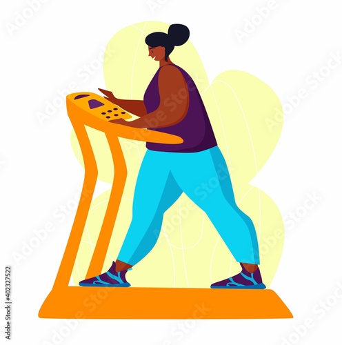 A young african american obese woman doing exercise. A girl working in sweat to get rid of belly fat. Obesity.