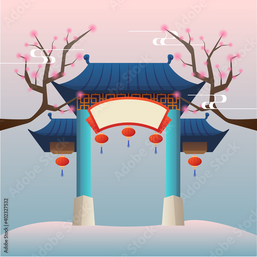 Chinese new year arch with flower blossoms illustration art