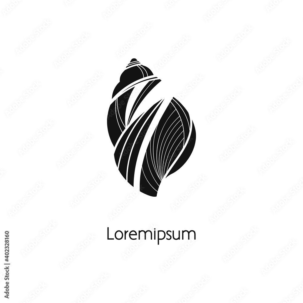 Seashell icon. A graphic symbol with a snail shell. Nautical sketch with linear texture. Black and white label with a conch. Seashell icon. A graphic symbol with a snail shell. Nautical sketch with linear texture. Black and white label with a conch.