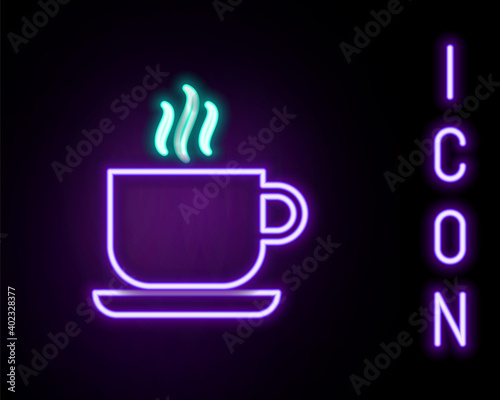 Glowing neon line Coffee cup icon isolated on black background. Tea cup. Hot drink coffee. Colorful outline concept. Vector.