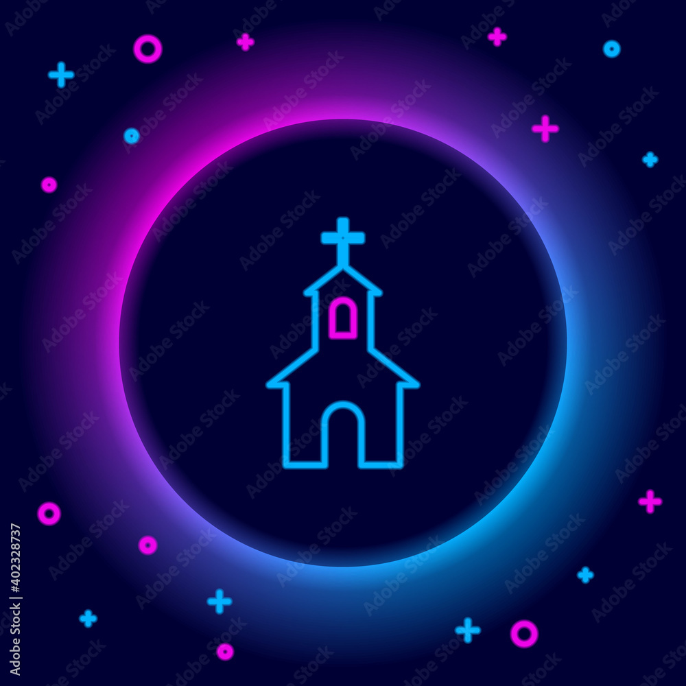 Glowing neon line Church building icon isolated on black background. Christian Church. Religion of church. Colorful outline concept. Vector.