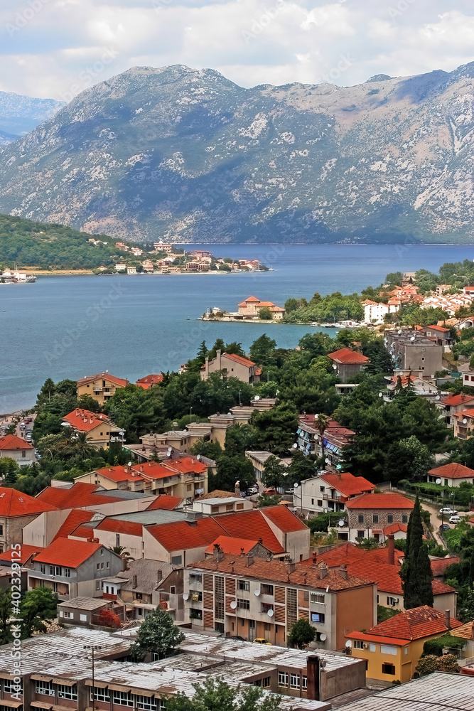 High angle panoramic view of popular touristic destination of Montenegro.
