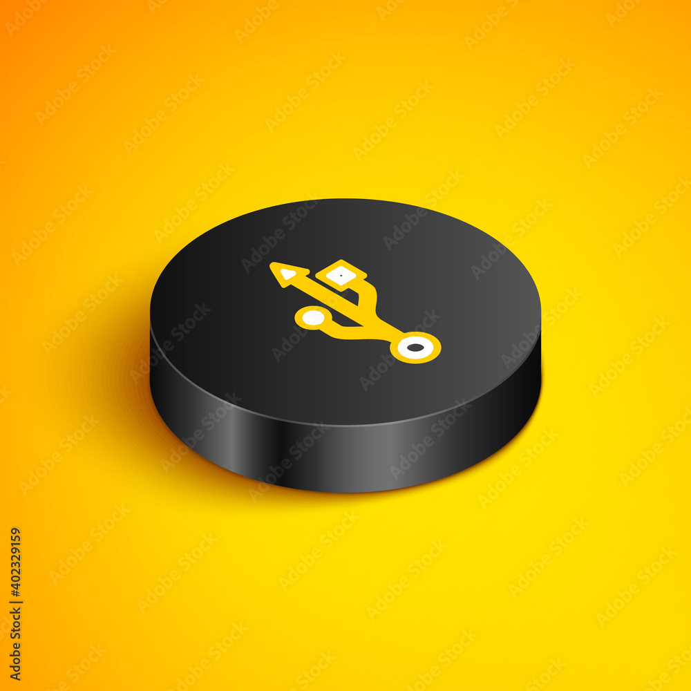 Isometric line USB symbol icon isolated on yellow background. Black circle button. Vector. Isometric line USB symbol icon isolated on yellow background. Black circle button. Vector.