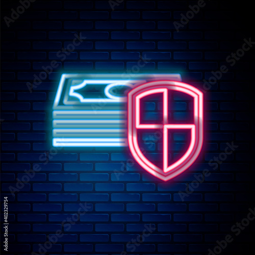 Glowing neon line Power bank icon isolated on brick wall background. Portable charging device. Colorful outline concept. Vector.