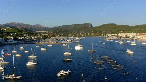 Aerial view, flight at Andratx, Port d'Andratx, coast and natural harbor at dusk, Malloca, Balearic Islands, Spain photo