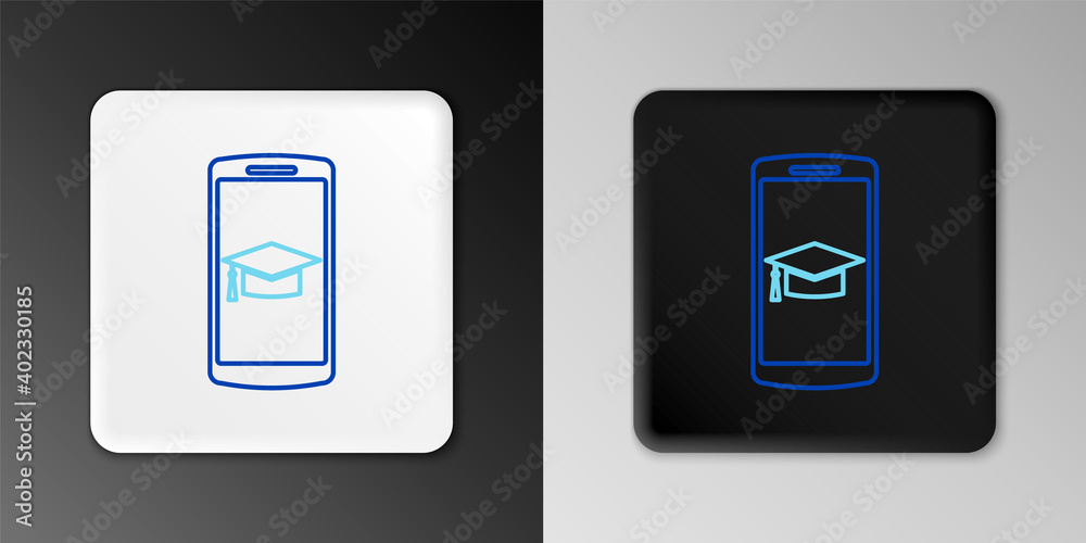 Line Graduation cap on screen smartphone icon isolated on grey background. Online learning or e-learning concept. Colorful outline concept. Vector. Line Graduation cap on screen smartphone icon isolated on grey background. Online learning or e-learning concept. Colorful outline concept. Vector.