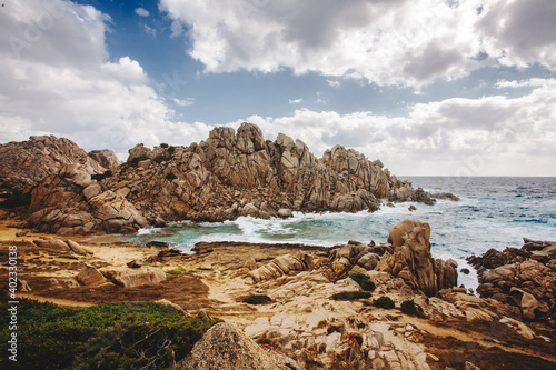 Panorama of the wild Granite Rock Coast of Sardinia, Capo Testa,( Valle della Luna) near Santa Teresa di Gallura, Italy.