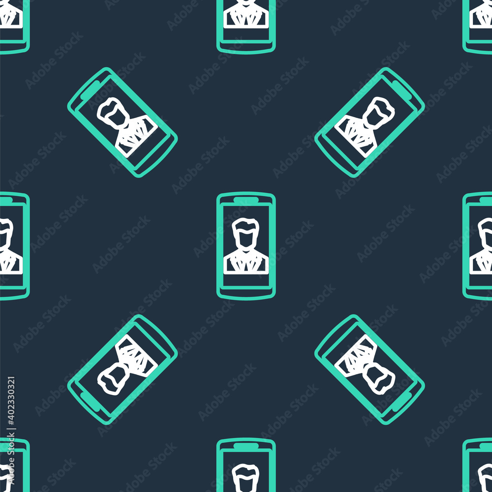 Line Smartphone with contact on screen icon isolated seamless pattern on black background. Incoming call. Human on phone screen. Call contact. Vector. Line Smartphone with contact on screen icon isolated seamless pattern on black background. Incoming call. Human on phone screen. Call contact. Vector.