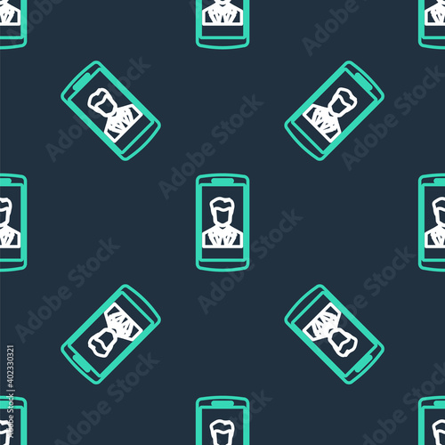 Line Smartphone with contact on screen icon isolated seamless pattern on black background. Incoming call. Human on phone screen. Call contact. Vector.