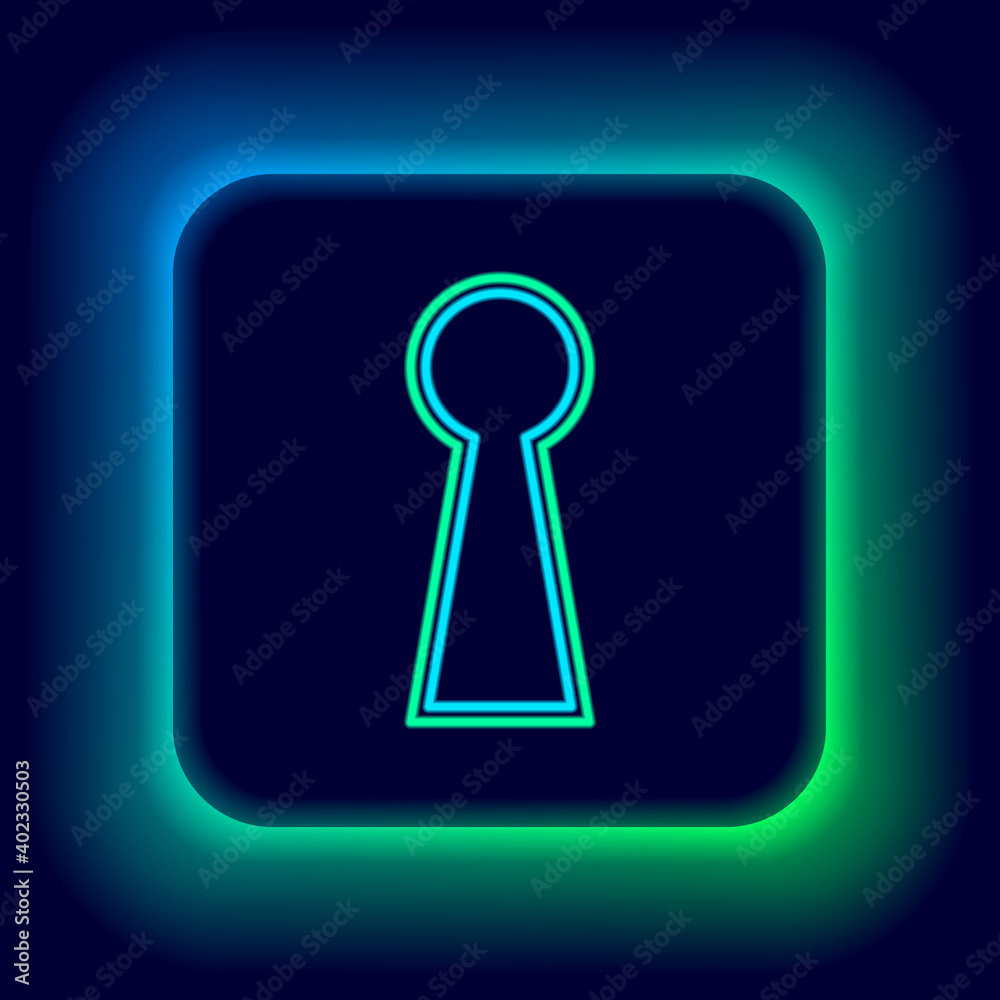 Glowing neon line Keyhole icon isolated on black background. Key of success solution. Keyhole express the concept of riddle, secret, safety, security. Colorful outline concept. Vector. Glowing neon line Keyhole icon isolated on black background. Key of success solution. Keyhole express the concept of riddle, secret, safety, security. Colorful outline concept. Vector.
