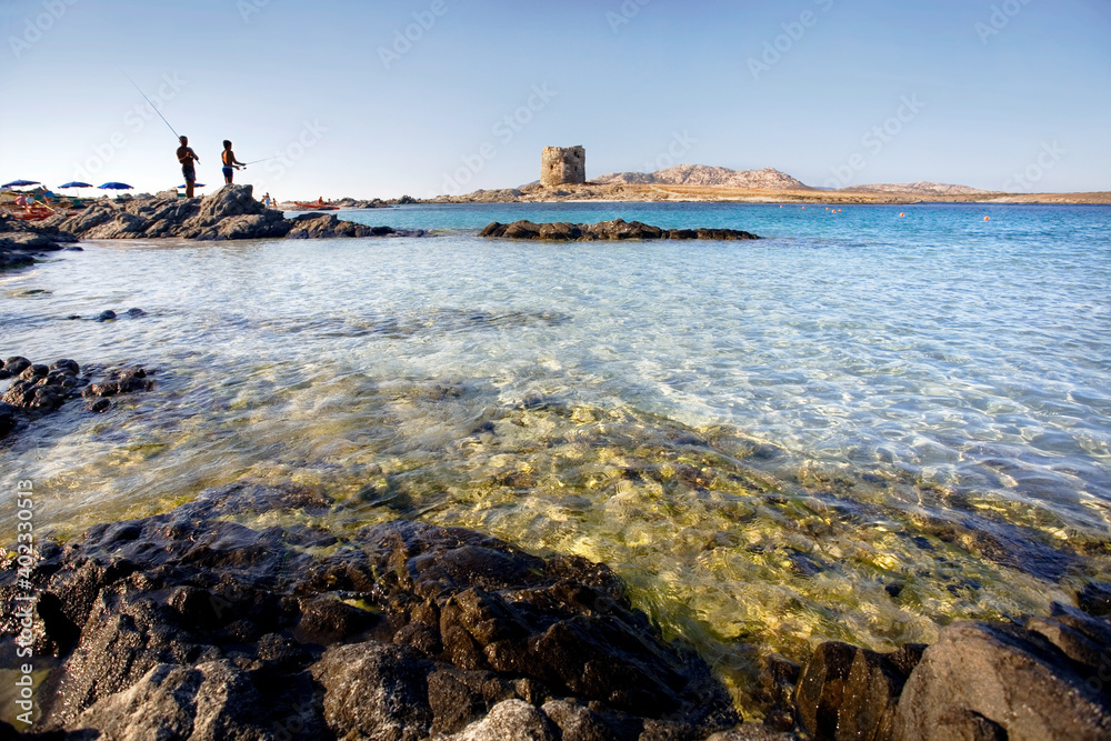View of  La Pelosa beach,  one of the most famous  and beautiful, beaches of Sardinia island, tourists fish admiring the landmark 16th century Aragonese tower, Italy, Europe.