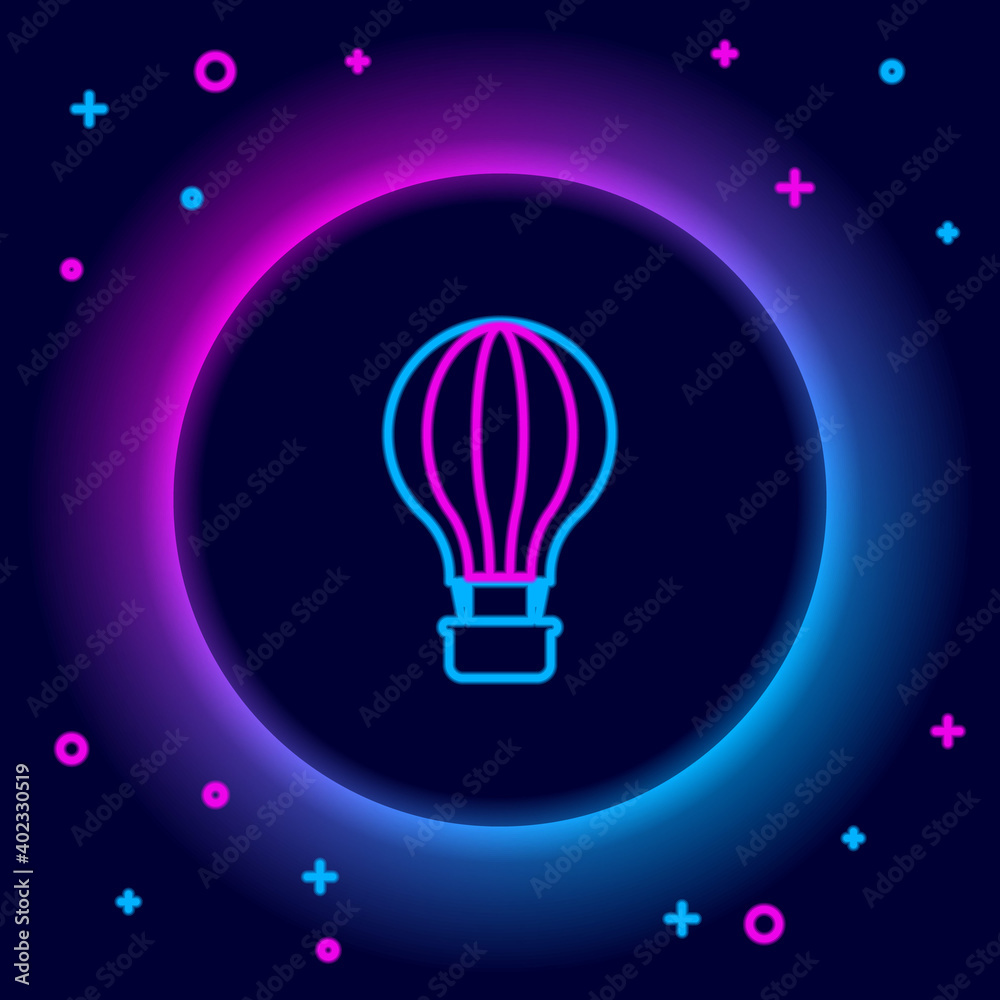 Glowing neon line Hot air balloon icon isolated on black background. Air transport for travel. Colorful outline concept. Vector.