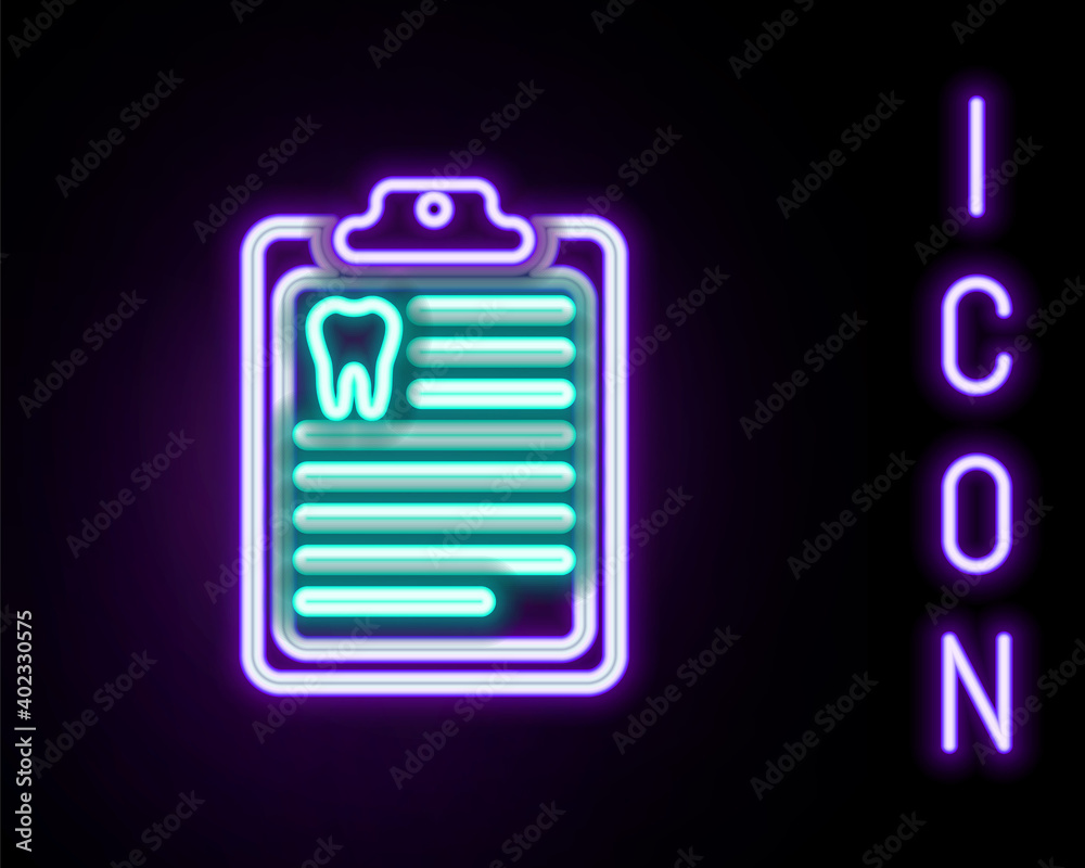 Glowing neon line Clipboard with dental card or patient medical records icon isolated on black background. Dental insurance. Dental clinic report. Colorful outline concept. Vector. Glowing neon line Clipboard with dental card or patient medical records icon isolated on black background. Dental insurance. Dental clinic report. Colorful outline concept. Vector.