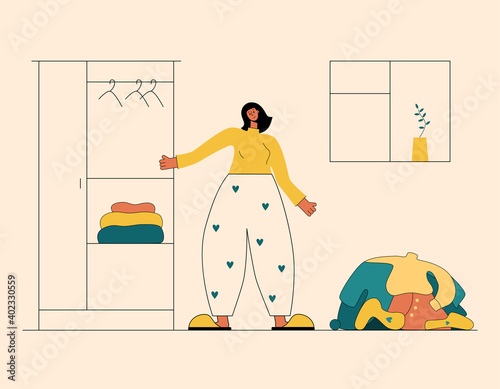 Vector illustration in flat style.Woman in pajamas and slippers stands between bunch of uncollected things and a neat closet. Closet organization. photo