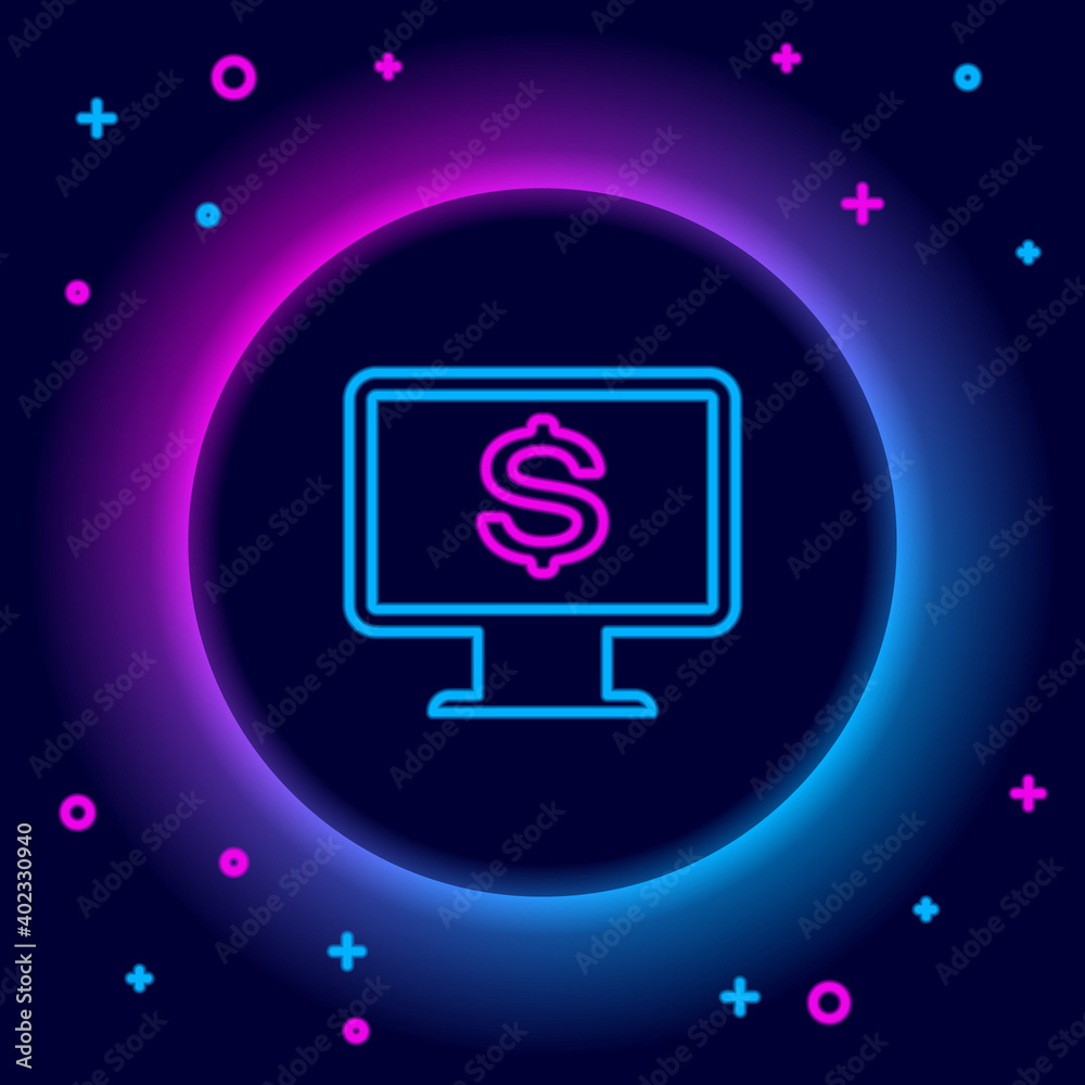 Glowing neon line Computer monitor with dollar icon isolated on black background. Internet financial security concept, online finance protection. Colorful outline concept. Vector. Glowing neon line Computer monitor with dollar icon isolated on black background. Internet financial security concept, online finance protection. Colorful outline concept. Vector.