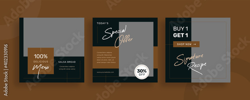 Set of editable templates for Instagram post, Facebook square frame, social media, culinary, advertisement, and business promotion, fresh design with brown color and minimalist vector (1/3)