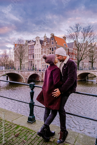 Canvas Print Amsterdam Netherlands during sunset, historical canals during sunset hours