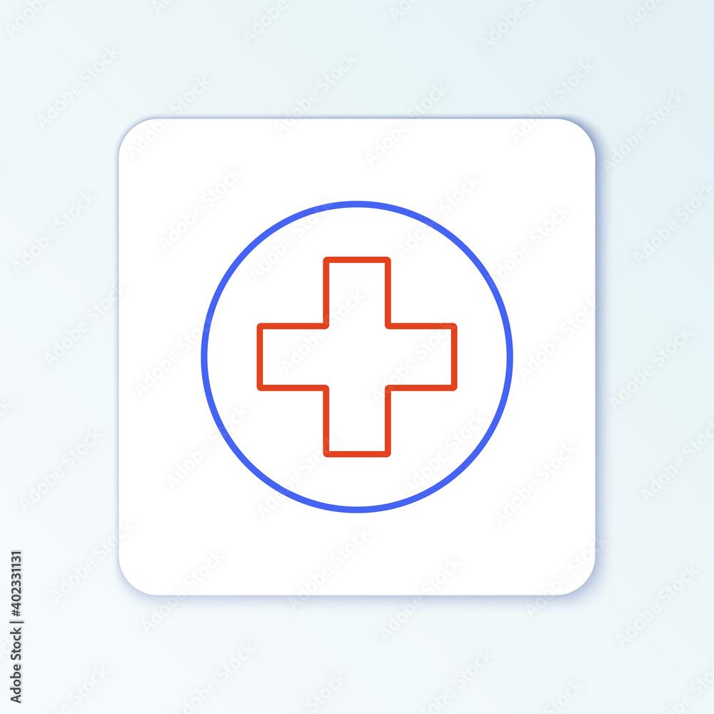 Line Medical cross in circle icon isolated on white background. First aid medical symbol. Colorful outline concept. Vector. Line Medical cross in circle icon isolated on white background. First aid medical symbol. Colorful outline concept. Vector.